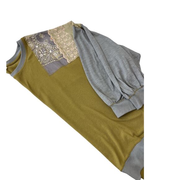 We The Free Free People Women’s Top Olive Green Patchwork Long Sleeve Size L - Picture 5 of 6